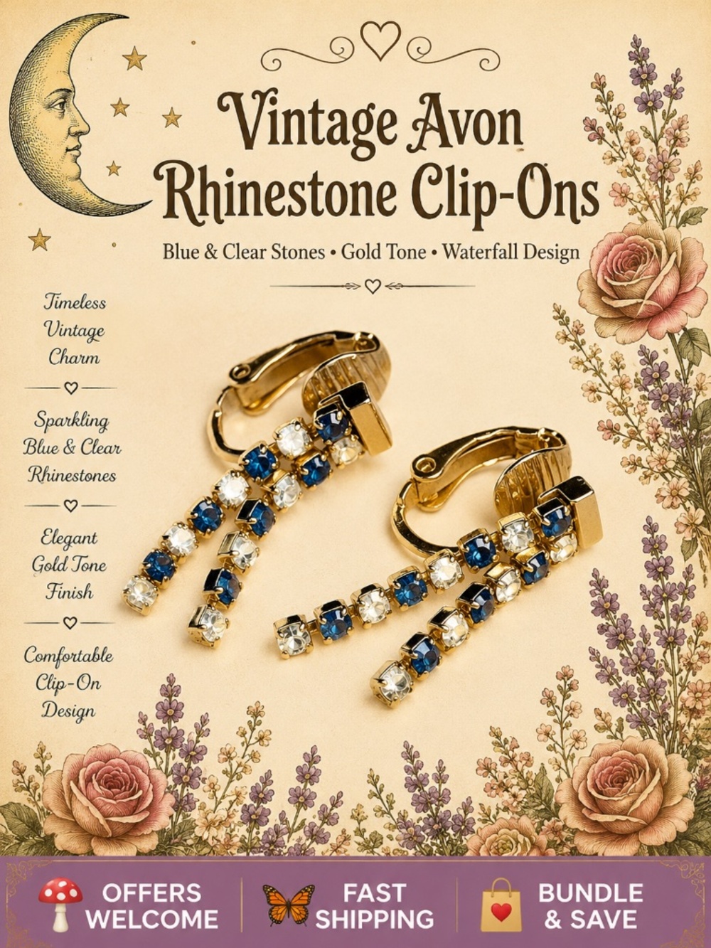 Vintage Avon Clip‑On Earrings Blue & Clear Rhinestones Gold‑Tone Waterfall